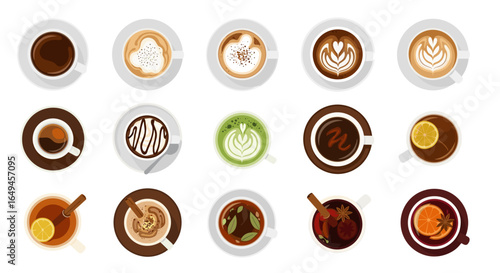 Overhead view of fifteen cups with various beverages including coffee, tea, and matcha latte art designs