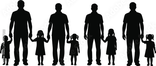 Father with children silhouette vector set, black family clipart, dad with kids, parent and child illustration, fatherhood concept art
