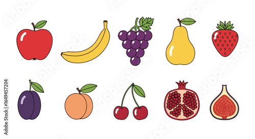 Illustration showing a variety of colorful fruits including apple banana grapes and other fresh produce items