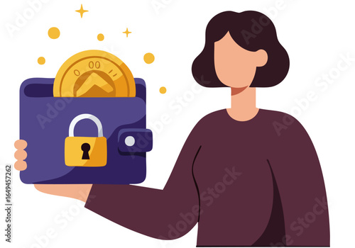 A woman protects her wallet with a lock, symbolizing financial security and savings. Modern illustration style.