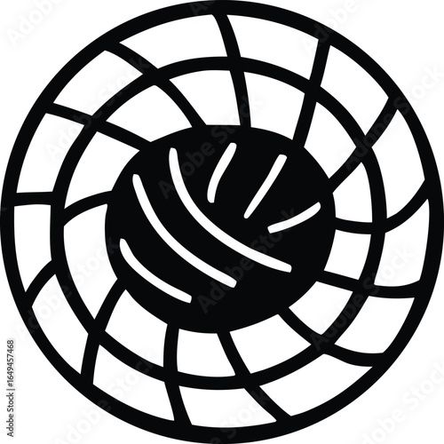 Abstract circular design featuring a central sphere enclosed by a radial grid pattern
