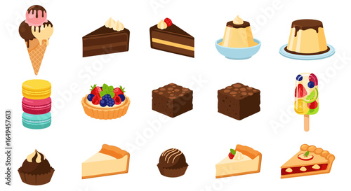 An assortment of desserts including ice cream cake pudding macarons and fruit tart on a white background