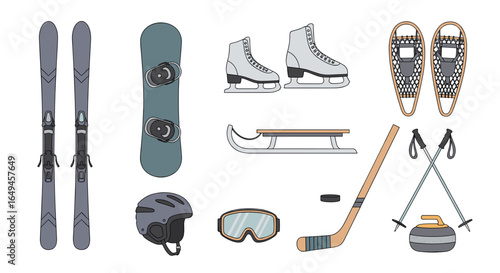 Illustration of winter sports equipment including skis snowboard skates and other related items