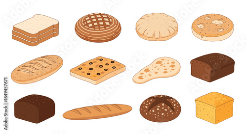 Isometric assortment of twelve different types of bread loaves and slices arranged in rows and columns
