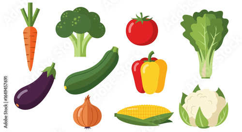 Illustration of various fresh vegetables including carrots broccoli tomato and other healthy produce items