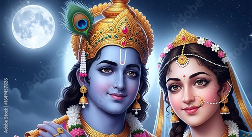 Lord Krishna and Radha Serene Portrait under Full Moonlight, Hindu Iconography