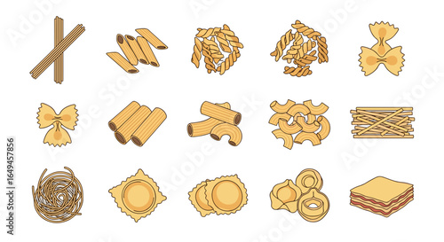 Illustration showcasing a variety of pasta shapes including spaghetti penne fusilli and farfalle types shown