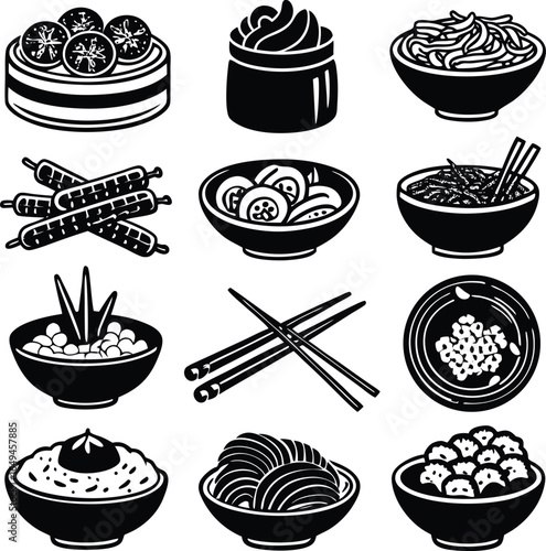 A hand drawn collection of delicious asian food dishes and ingredients presented in a grid format