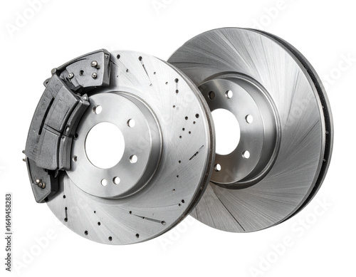 Angled Side Perspective of Car Brake with Detailed Caliper and Rotor, Transparent Background