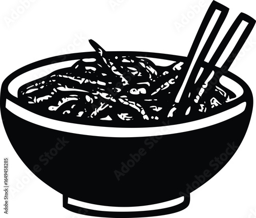 Stylized black and white illustration of a bowl filled with noodles and chopsticks ready for eating