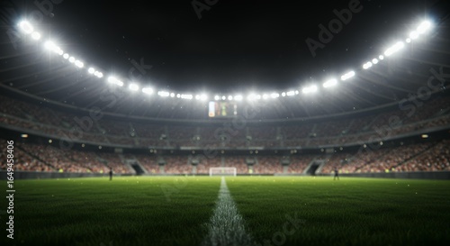 Empty professional football stadium pitch at night with bright floodlights atmospheric fog and center circle view ready for match in modern sports arena