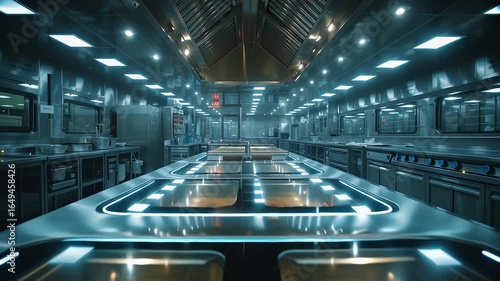 Modern Industrial Commercial Kitchen with Bright Lighting, Stainless Steel, and Sleek Professional Appliances