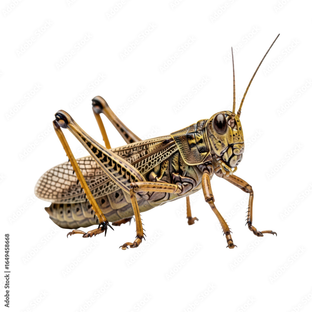 Fototapeta premium Detailed close-up of a brown grasshopper on transparent background