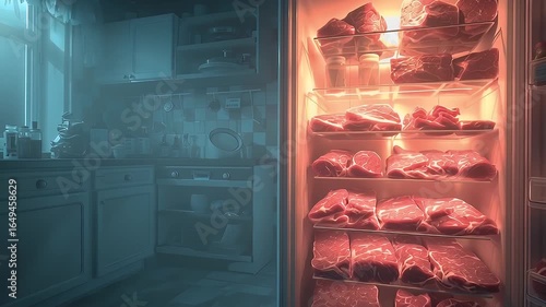 Eerie Night in Dimly Lit Kitchen Atmospheric Scene with Open Refrigerator Full of Raw Meat