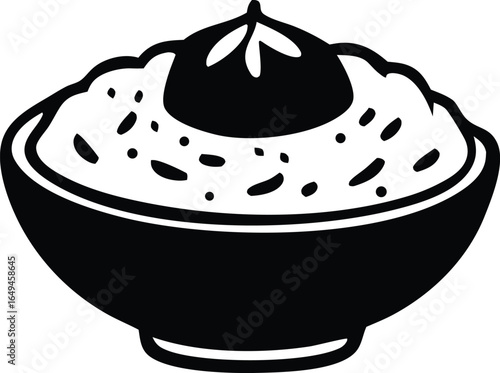 Simple black and white illustration of a bowl filled with mashed potatoes topped with a dollop of gravy