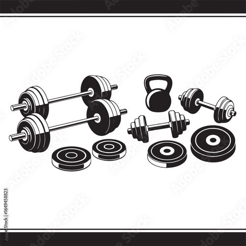 Collection of Weightlifting Equipment and Dumbbells on White Background fitness exercise