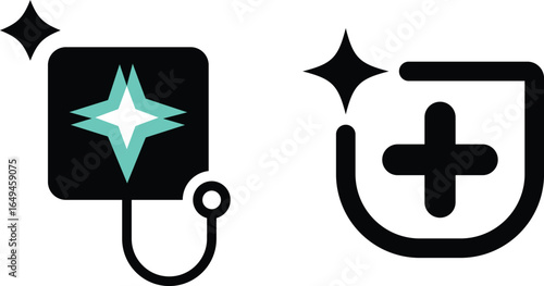 AI healthcare icons, glowing star integrated into medical symbols stethoscopes, artificial intelligence star logo, futuristic digital icons for modern AI design