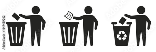 Vector icon set of a person disposing of garbage and recycling waste in a trash can