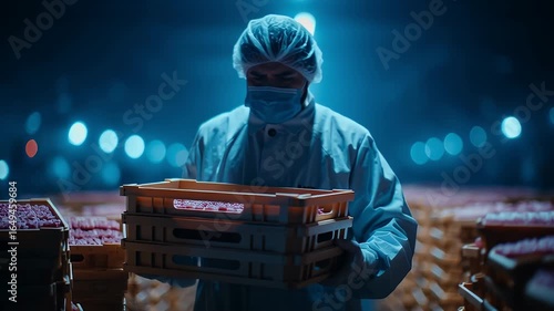 Worker in Protective Gear Carries Crate of Packaged Meat in Dimly Lit Food Processing Facility with Mask