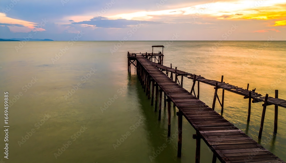 Fototapeta premium Wooden Pier Extending into Ocean at Sunset