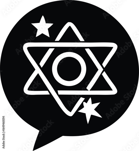 Stylized star of david with stars and concentric circles inside a speech bubble icon