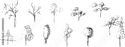 A set of 10 hand-drawn vector illustrations of various trees in a raw, sketchy style. Perfect for architectural, landscape, or artistic designs