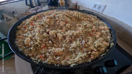 Finished Paella in a Pan Ready to Serve. Traditional Spanish Rice Dish