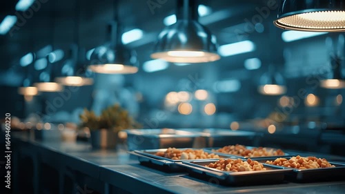 Modern Kitchen with Trays of Food Under Industrial Lights Creating Warm and Inviting Ambiance