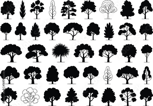 Thirty‑five tree silhouette illustrations in various shapes and forms, cad drawing flat vector illustration, black botanical artwork set, diverse nature design collection
