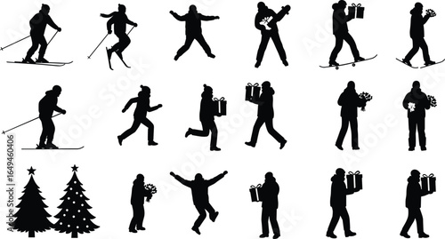 Silhouettes of winter people skiing, running, walking with holiday gifts or flowers, and decorated Christmas trees – vector clipart set