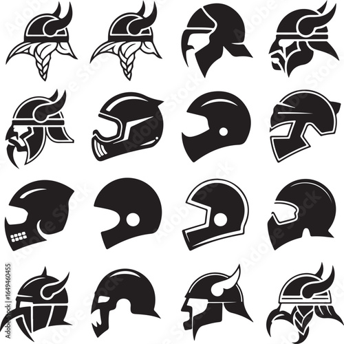 Collection of Viking and Motorcycle Helmets in Black and White Silhouette Style viking helmet headwear