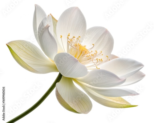 Delicate white lotus flower blooming openly with yellow center on white background