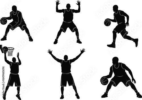Basketball player silhouettes in dribbling, defending, shooting, and dunking poses with ball for sports, training, coaching, and design projects