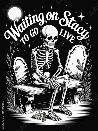 Skeleton waiting on a tombstone bench with a rose and moon isolated on white background silhouette