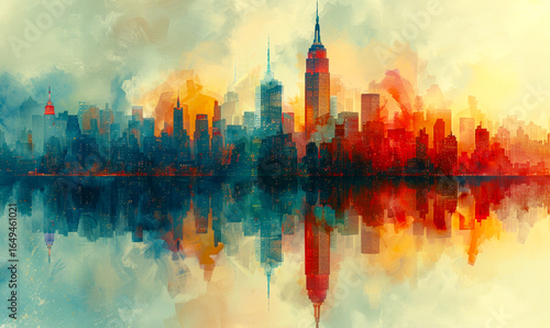 Vibrant Artistic New York City Skyline with Empire State Building and Skyscrapers at Sunrise Reflecting in Water