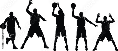 Basketball player silhouettes in five action poses, including dribbling, shooting, and defending, dynamic sports vector set for training and design