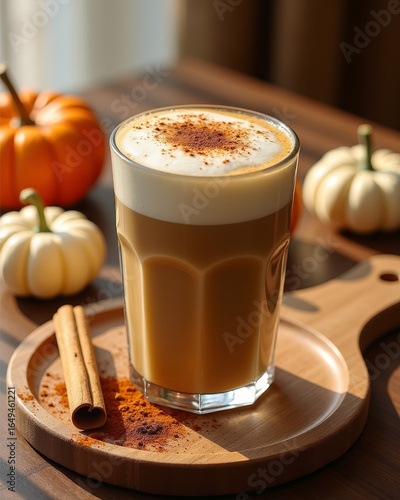 Pumpkin spice latte on tilted wooden board, spilling cinnamon and nutmeg, tiny white pumpkins arranged asymmetrically