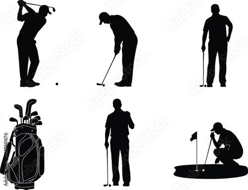 Golf silhouettes with players swinging, putting, reading green, and golf bag equipment, professional sports illustration for competitive golf and leisure design