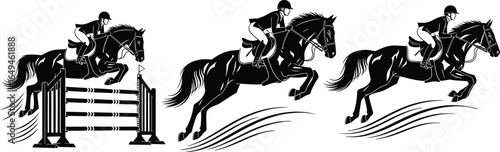 Horse and rider show jumping silhouettes in dynamic motion, equestrian sport illustration for competitive riding, athlete performance, and active lifestyle design