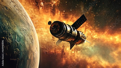 A spacecraft or satellite orbits a planet amidst a vibrant cosmic backdrop.