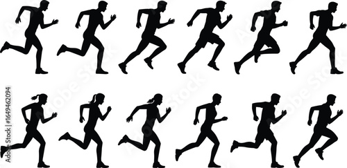 Male and female running cycle silhouettes showing stride stages, sports illustration for biomechanics, fitness training, track and field, and marathon design