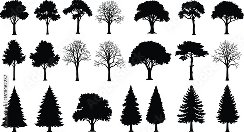 Tree silhouette vector set, forest tree clipart, pine and deciduous trees, black nature shapes, bare and leafy trees, botanical illustration bundle