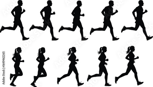 Male and female running silhouettes in varied poses, sports motion study, athlete training and jogging vector set for fitness and design use