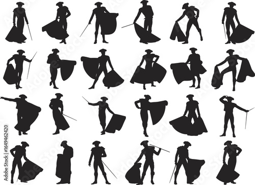 Matador silhouettes in traditional bullfighting poses, dynamic cape movements and sword stances, cultural Spanish performance illustration for artistic and historical themes