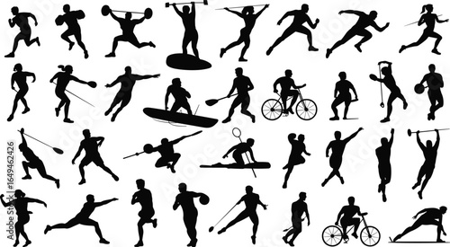 Multiple sports athlete silhouettes in action, diverse physical activities including running, cycling, tennis, basketball, weightlifting, and competitive athletic illustration