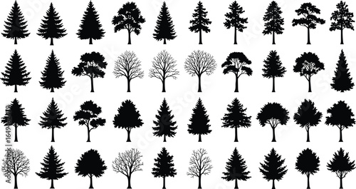 Variety of black silhouette trees featuring pine, leafy, bare, and mixed types arranged in neat rows on white backgroundv