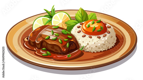 Rich and flavorful Mexican mole dish served elegantly on beige plate, accompanied by fluffy white rice and sauteed vegetables, garnished with sesame seeds and fresh herbs white  background 