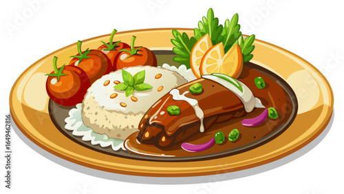 Rich and flavorful Mexican mole dish served elegantly on beige plate, accompanied by fluffy white rice and sauteed vegetables, garnished with sesame seeds and fresh herbs white  background 