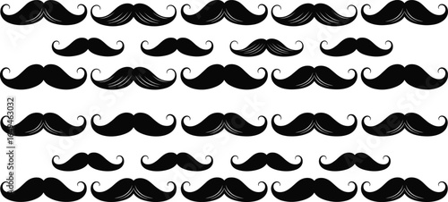 Set of vintage mustache silhouettes, black handlebar mustache icons, hipster barber style vector collection, retro facial hair design elements, decoration