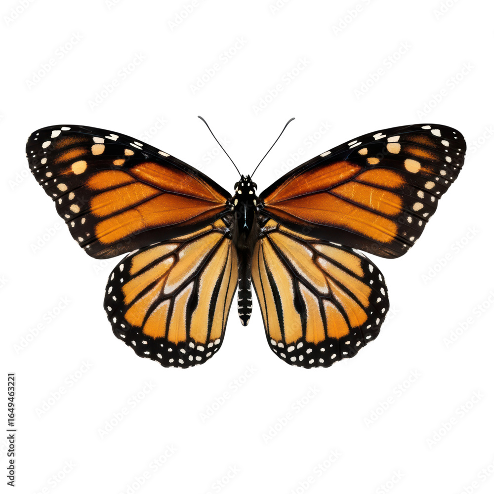 Fototapeta premium Vibrant monarch butterfly on transparent background with distinct orange and black patterns